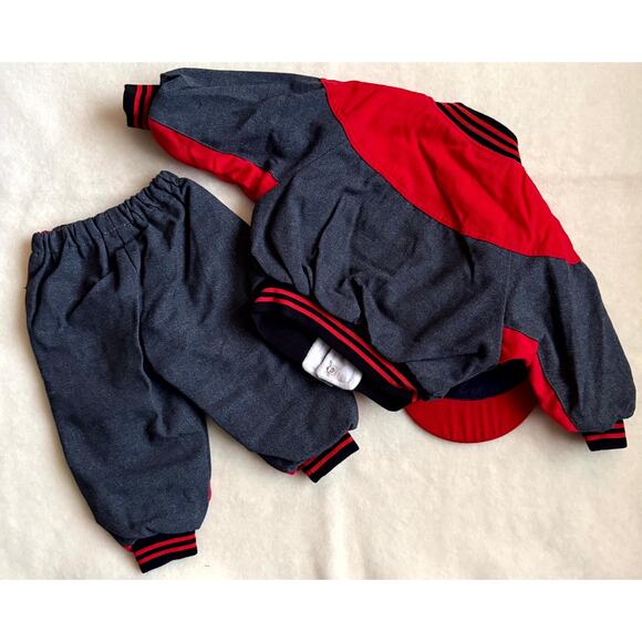 Vintage 90s MGM Kids Fashion Cap Jacket Pants Set 12M Red Gray Baseball Sports - Picture 2 of 10